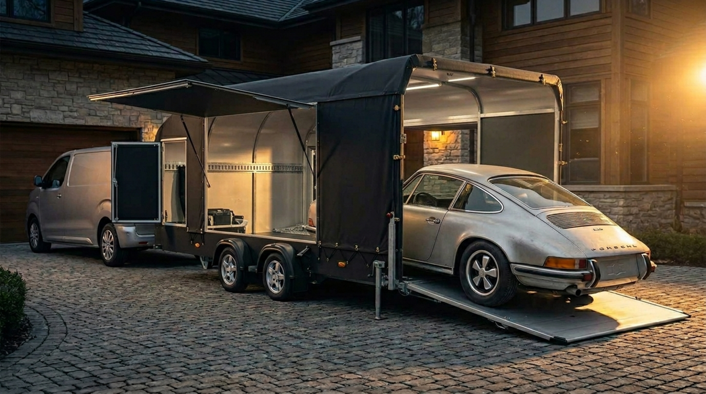 Klassischer Porsche 911 wird in der Abenddämmerung auf einen geschlossenen Anhänger mit schwarzer Plane geladen, im Hintergrund ein Wohnhaus.